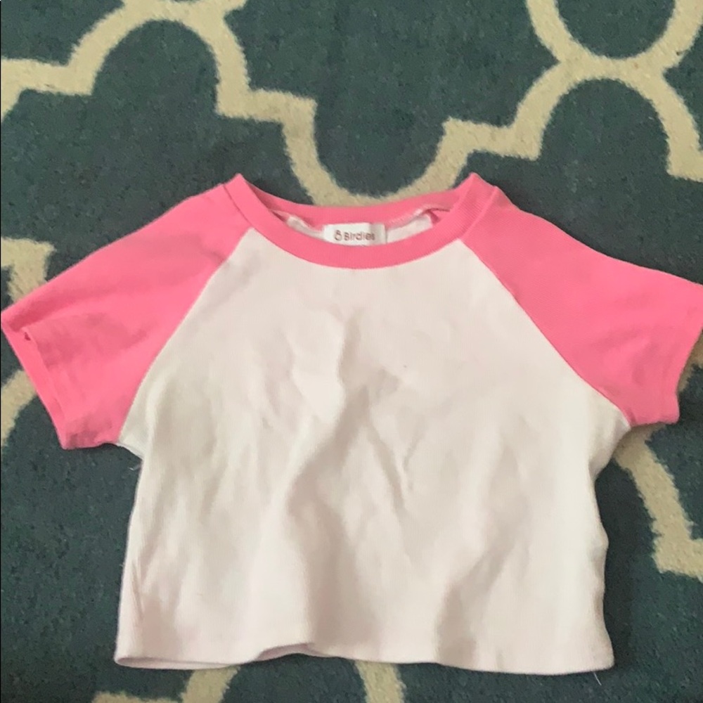 Cropped white and pink basic baseball top